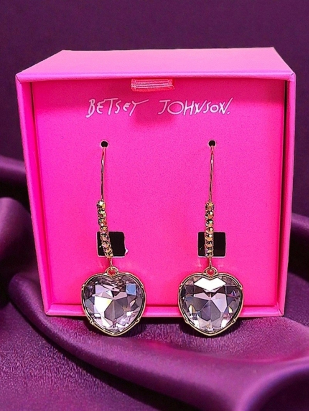 Betsey Johnson Lavender Crystal Heart Drop Earrings with Gold-Tone Accents
